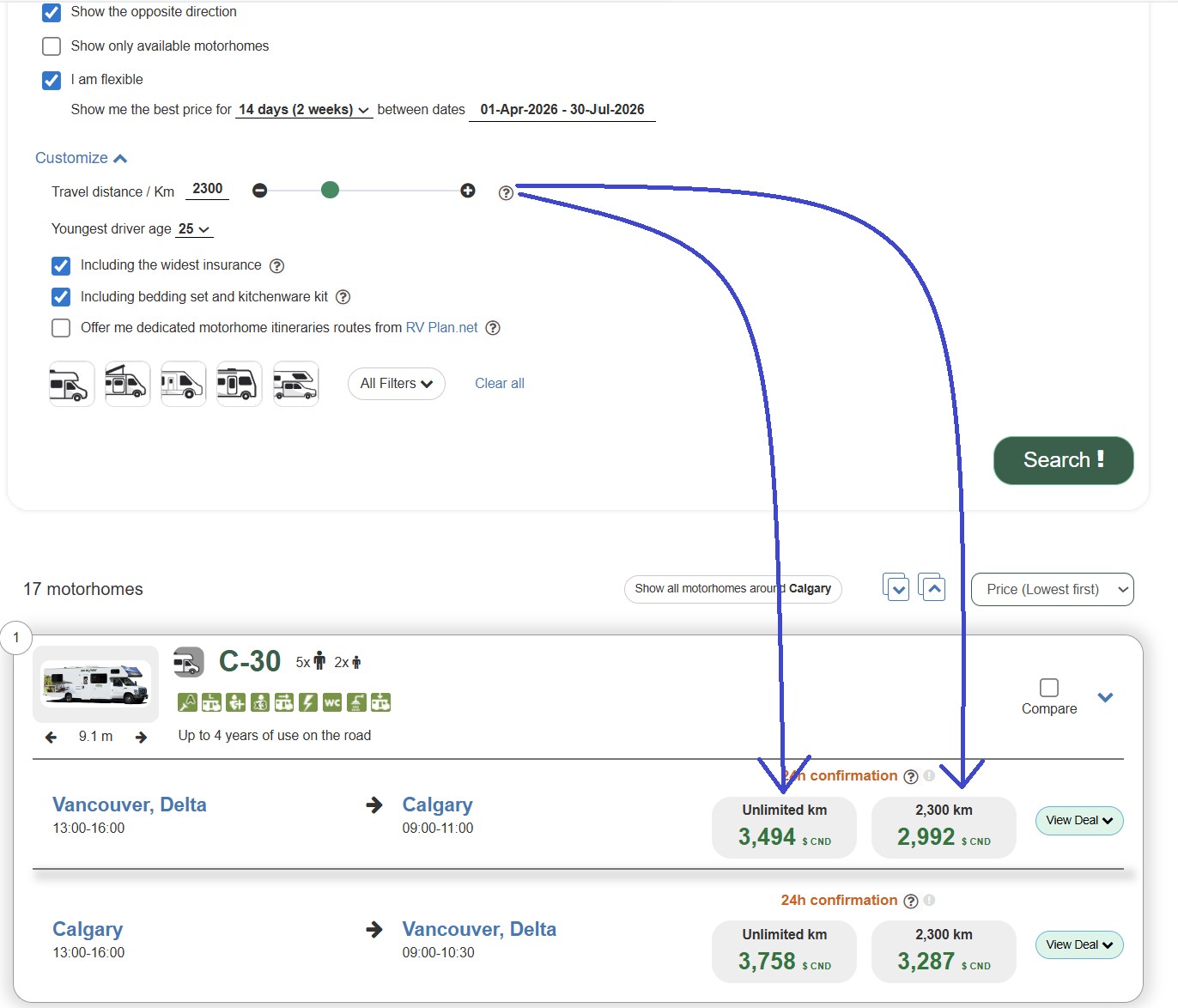 motorhome rentals in Canada PRICES Example